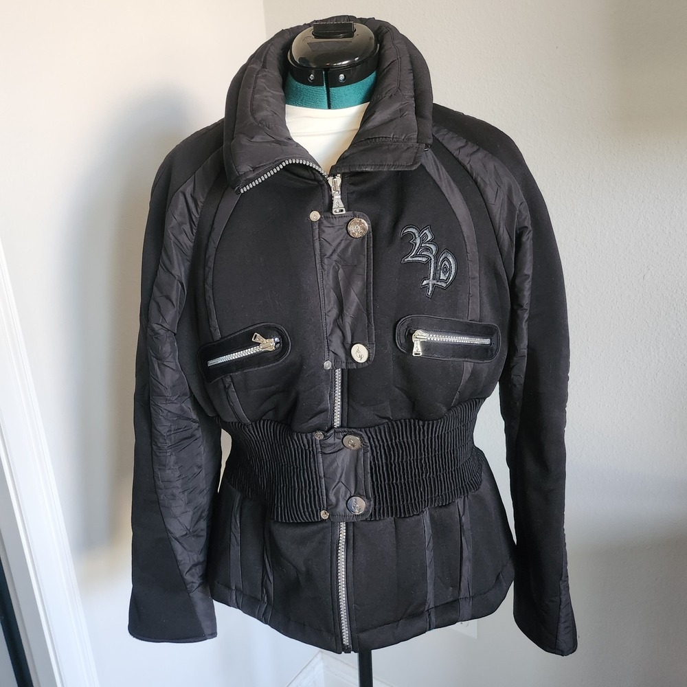 Baby Phat Y2K Womens Jacket Black Ribbed Waist Cinch Rhinestone Cat Logo Sz XL